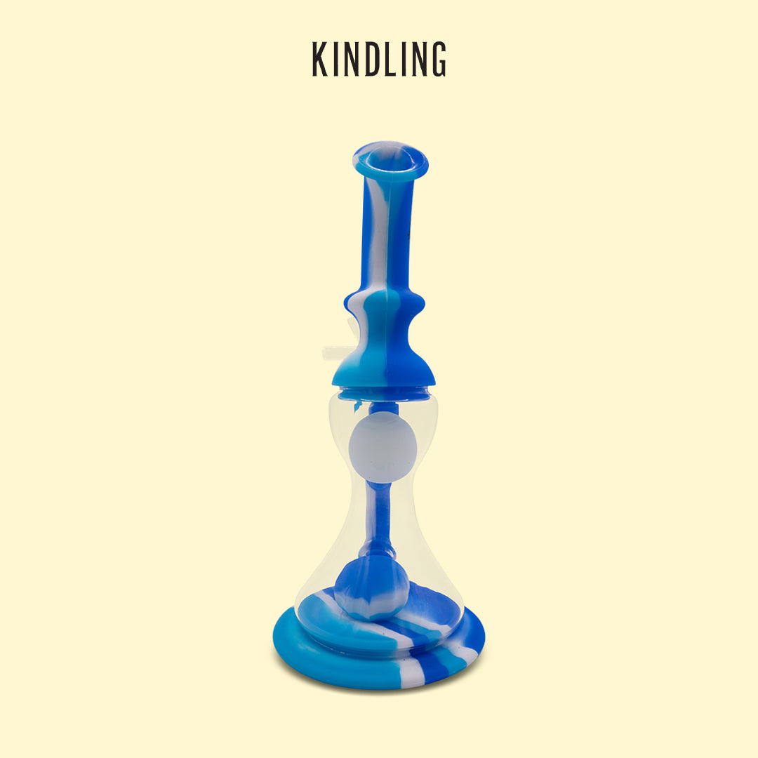 LIT Silicone 8.5" Tall Blue Flower Bubbler W/Floatng Glow-In-The-Dark Orb